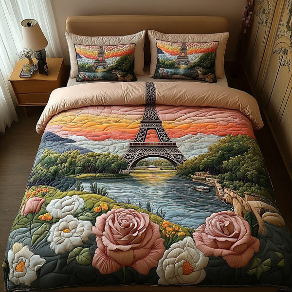 Paris Charm quilted 3-piece bedding set on a made bed with two matching pillow shams