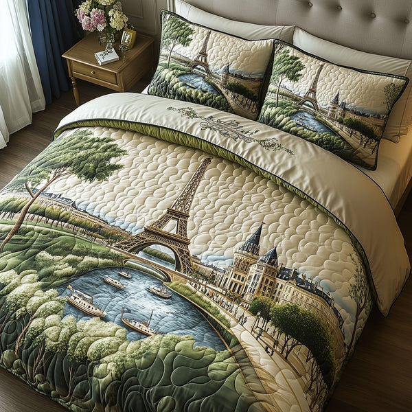 Paris Dreams quilted 3-piece bedding set on a made bed with two matching pillow shams