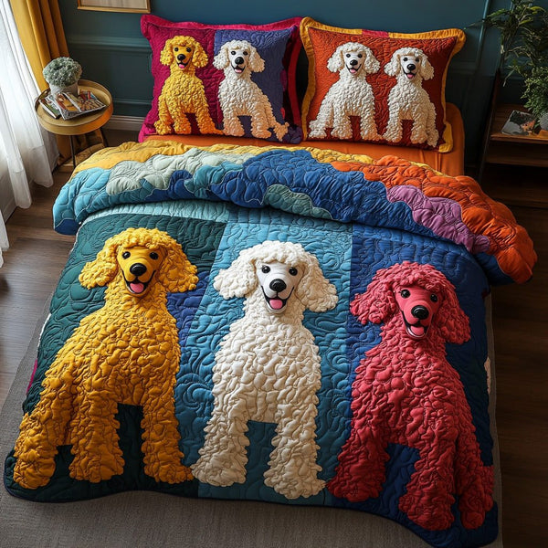 Paris Pup quilted 3-piece bedding set on a made bed with two matching pillow shams