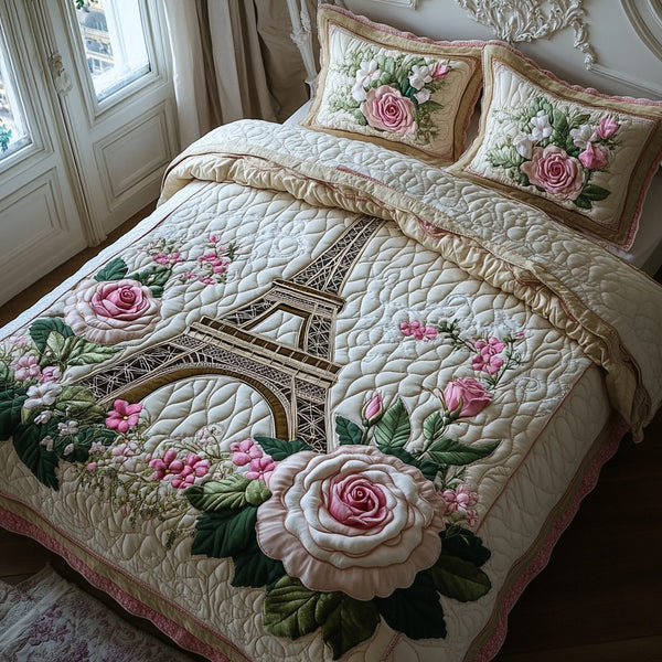 Paris Skyline quilted 3-piece bedding set on a made bed with two matching pillow shams
