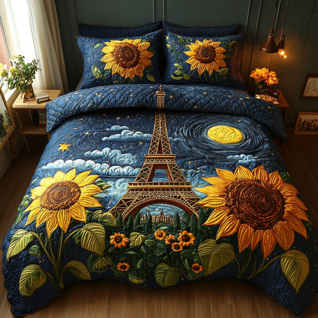Paris Vibes quilted 3-piece bedding set on a made bed with two matching pillow shams