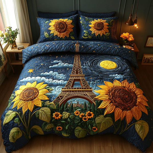 Paris Vibes quilted 3-piece bedding set on a made bed with two matching pillow shams