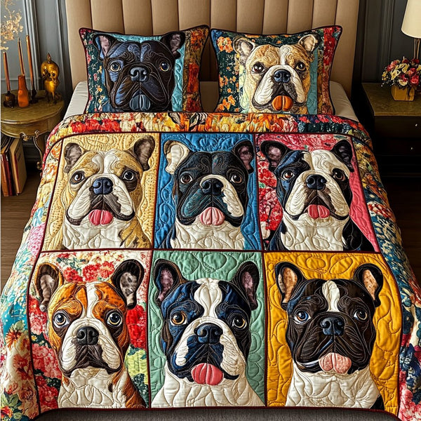 Parisian Paws quilted 3-piece bedding set on a made bed with two matching pillow shams