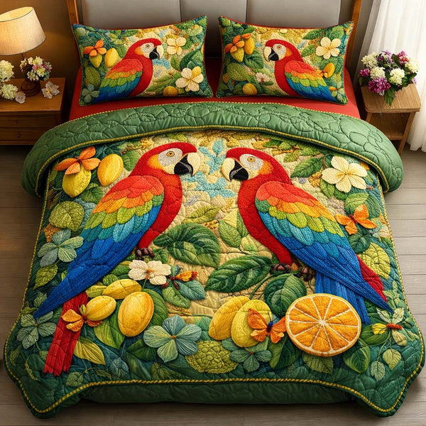 Parrot Citrus quilted 3-piece bedding set on a made bed with two matching pillow shams