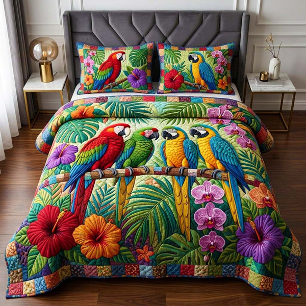 Parrot Gathering quilted 3-piece bedding set on a made bed with two matching pillow shams