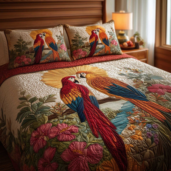 Parrot Love quilted 3-piece bedding set on a made bed with two matching pillow shams