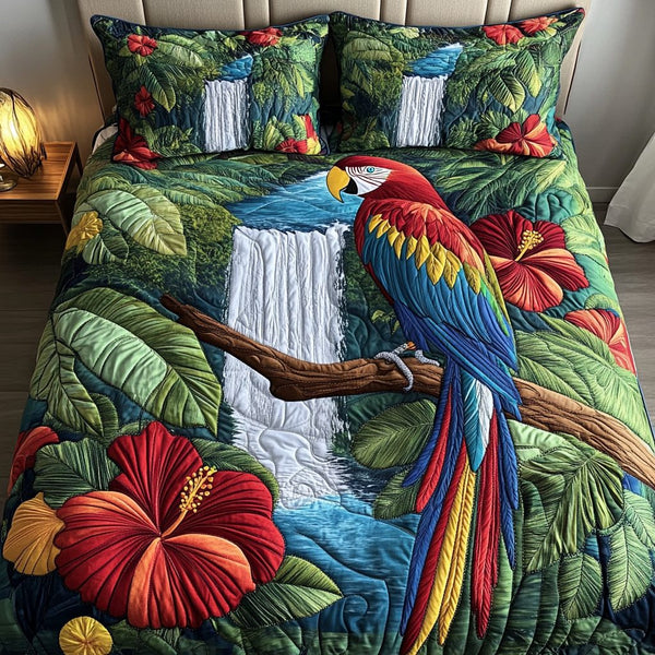 Parrot Vibes quilted 3-piece bedding set on a made bed with two matching pillow shams