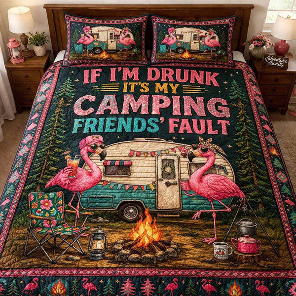 Party Camp quilted 3-piece bedding set on a made bed with two matching pillow shams