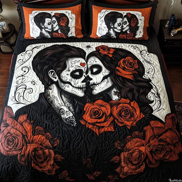Passion Beyond Death quilted 3-piece bedding set on a made bed with two matching pillow shams