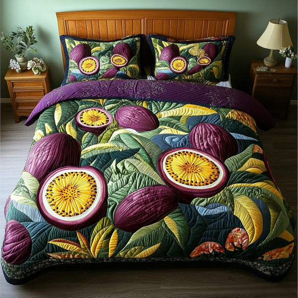 Passion Fruit Garden quilted 3-piece bedding set on a made bed with two matching pillow shams