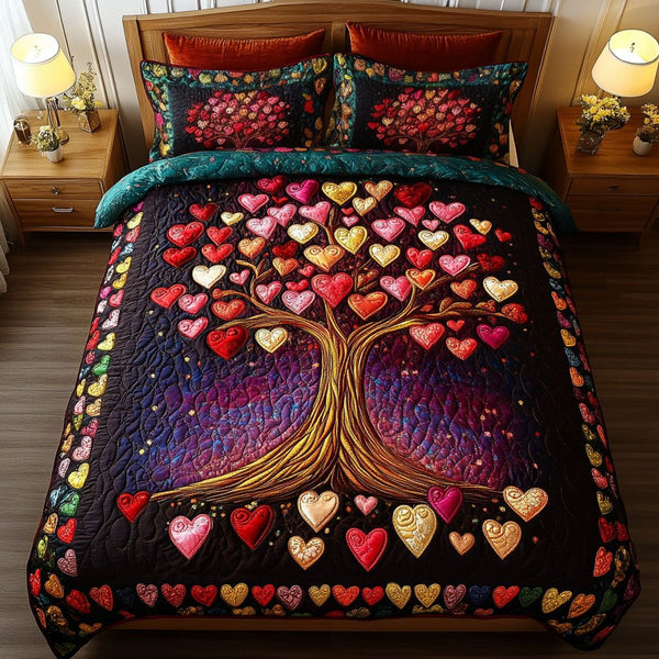 Passion Grove quilted 3-piece bedding set on a made bed with two matching pillow shams