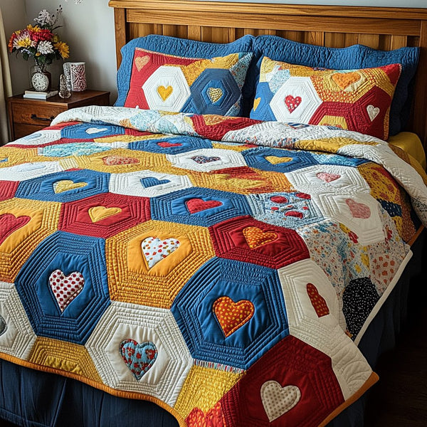 Passion Patchwork quilted 3-piece bedding set on a made bed in a farmhouse bedroom