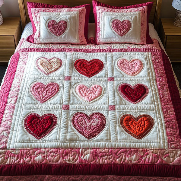 Passion Pulse quilted 3-piece bedding set on a made bed with two matching pillow shams