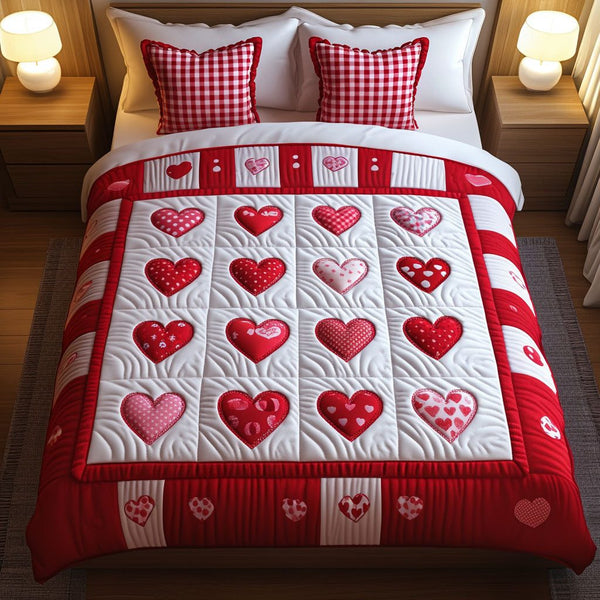 Passionate Roses quilted 3-piece bedding set on a made bed with two matching pillow shams