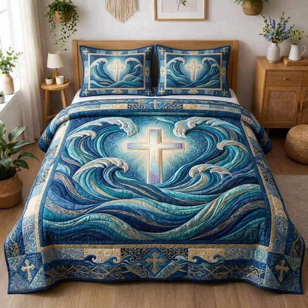 Passover Grace quilted 3-piece bedding set on a made bed with two matching pillow shams