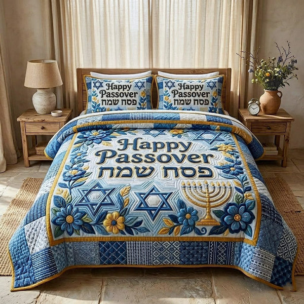 Passover Heritage quilted 3-piece bedding set on a made bed in a farmhouse bedroom