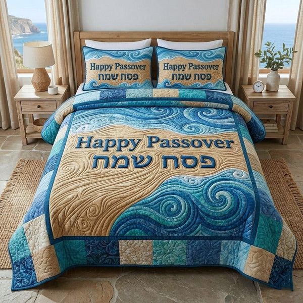 Passover Heritage quilted 3-piece bedding set on a made bed in a farmhouse bedroom