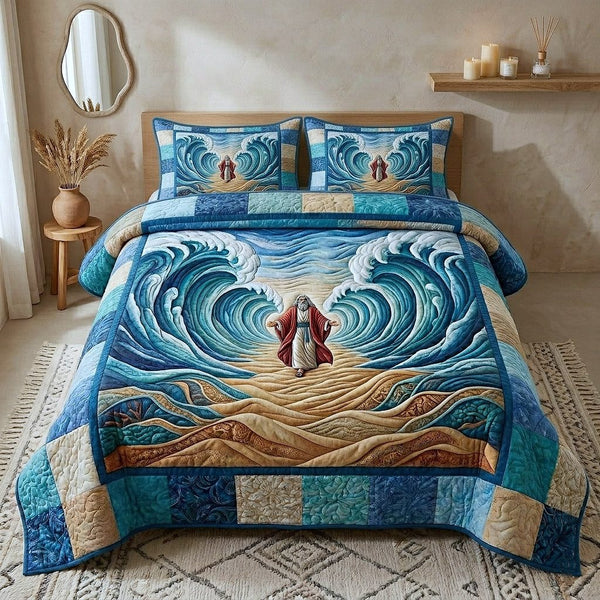 Passover Heritage quilted 3-piece bedding set on a made bed in a farmhouse bedroom