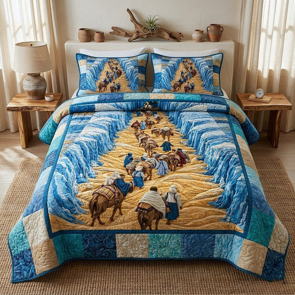 Passover Heritage quilted 3-piece bedding set on a made bed in a farmhouse bedroom