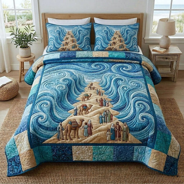 Passover Heritage quilted 3-piece bedding set on a made bed in a farmhouse bedroom