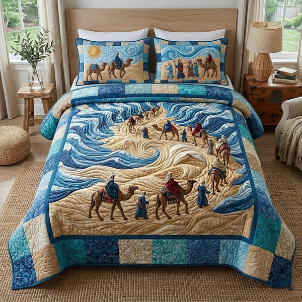 Passover Heritage quilted 3-piece bedding set on a made bed in a farmhouse bedroom