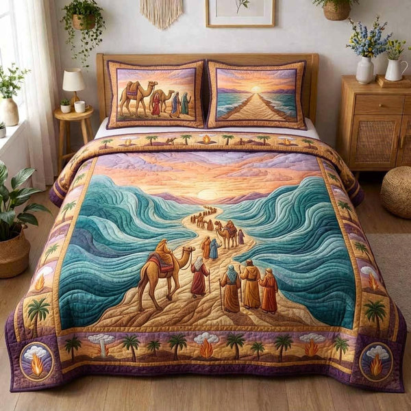 Passover Light quilted 3-piece bedding set on a made bed with two matching pillow shams