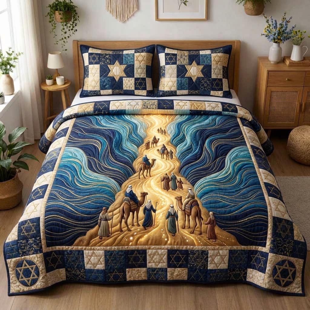 Passover Table quilted 3-piece bedding set on a made bed with two matching pillow shams