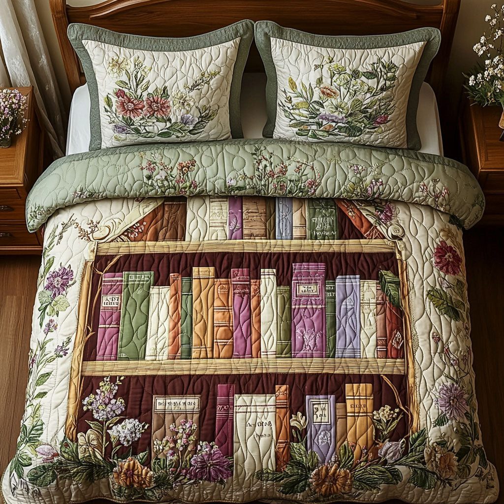 Pastel Bookshelf quilted 3-piece bedding set on a made bed with two matching pillow shams