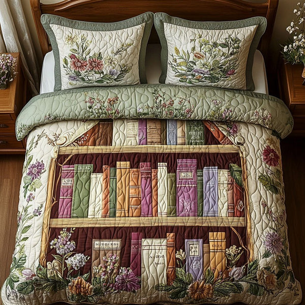 Pastel Bookshelf quilted 3-piece bedding set on a made bed with two matching pillow shams