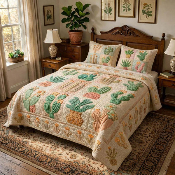 Pastel Cactus Patch quilted 3-piece bedding set on a made bed with two matching pillow shams