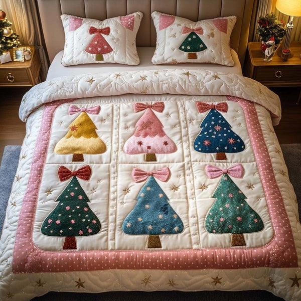 Pastel Cheer quilted 3-piece bedding set on a made bed with two matching pillow shams