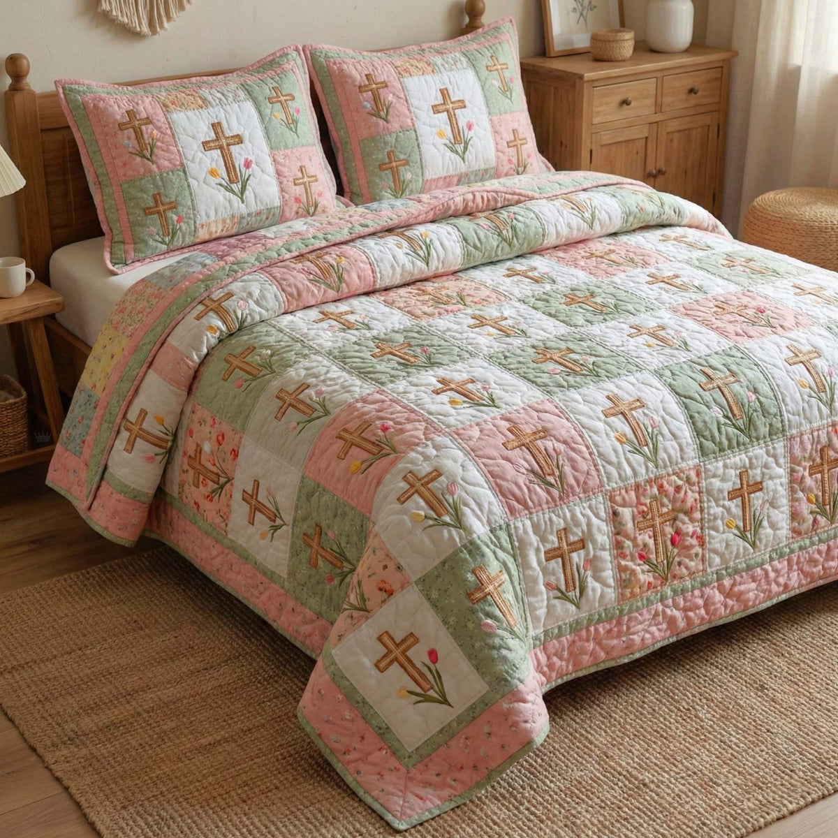 Pastel Cross quilted 3-piece bedding set on a made bed in a softly lit bedroom
