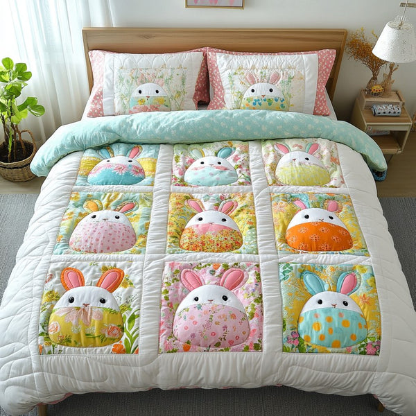 Pastel Delight quilted 3-piece bedding set on a made bed with two matching pillow shams