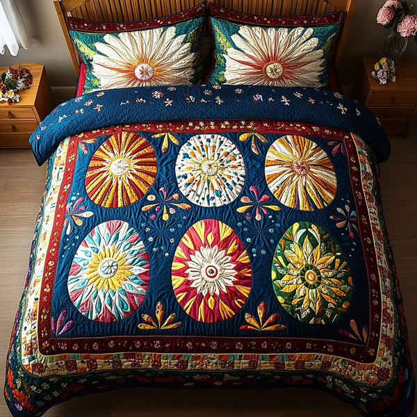Pastel Eggs quilted 3-piece bedding set on a made bed with two matching pillow shams