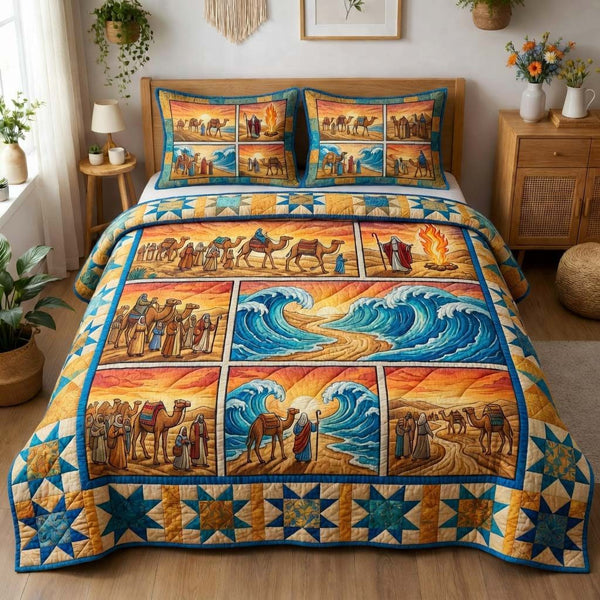 Pastel Exodus Journey quilted 3-piece bedding set on a made bed with two matching pillow shams