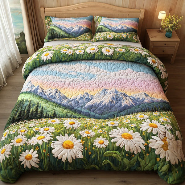 Pastel Mountain Daisies quilted 3-piece bedding set on a made bed with two matching pillow shams