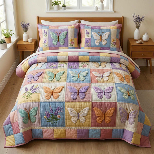 Pastel Patchwork quilted 3-piece bedding set on a made bed in a farmhouse bedroom