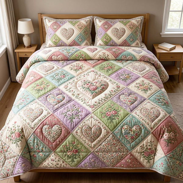 Pastel Petals quilted 3-piece bedding set on a made bed with two matching pillow shams