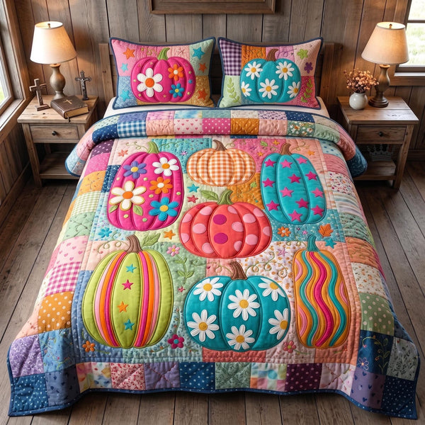 Pastel Pumpkin quilted 3-piece bedding set on a made bed against a dark styled interior