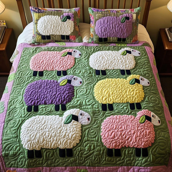 Pastel Sheep Farm quilted 3-piece bedding set on a made bed with two matching pillow shams