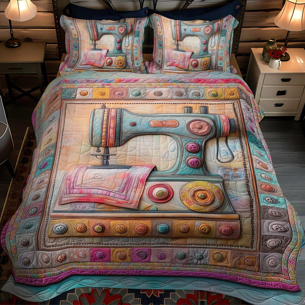 Pastel Stitches quilted 3-piece bedding set on a made bed with two matching pillow shams