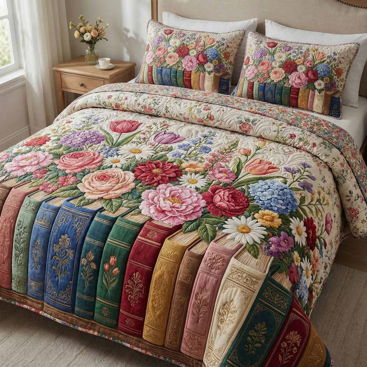 Pastel Stories quilted 3-piece bedding set on a made bed with two matching pillow shams