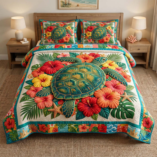 Pastel Turtle Path quilted 3-piece bedding set on a made bed in a light coastal bedroom