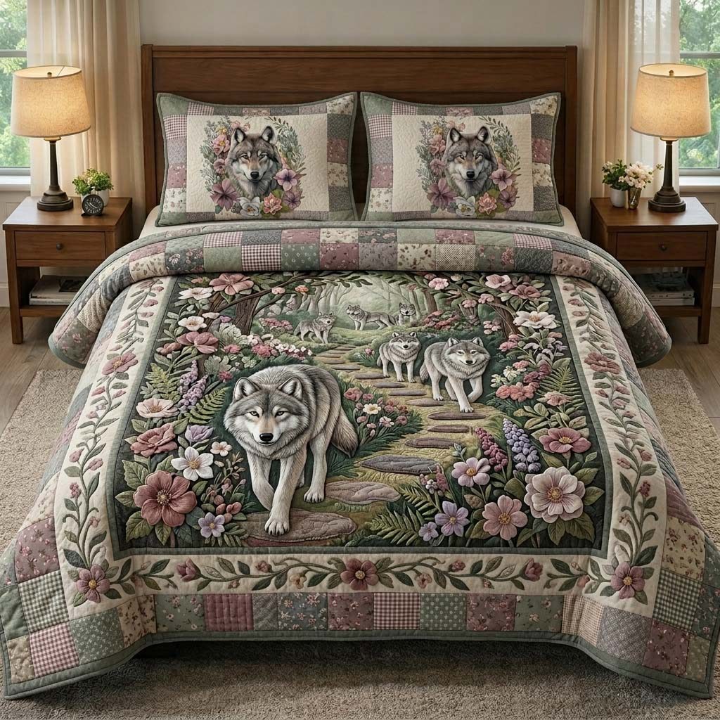 Pastel Wolf quilted 3-piece bedding set on a made bed with two matching pillow shams