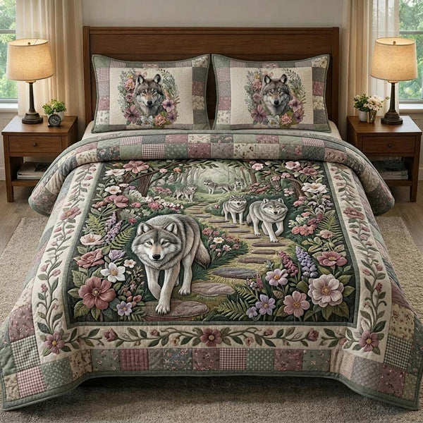 Pastel Wolf quilted 3-piece bedding set on a made bed with two matching pillow shams