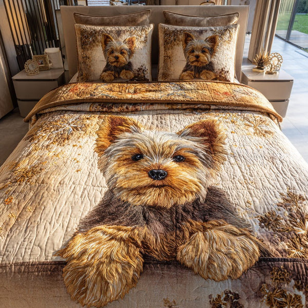 Pastel Yorkshire Terrier quilted 3-piece bedding set on a made bed with two matching pillow shams