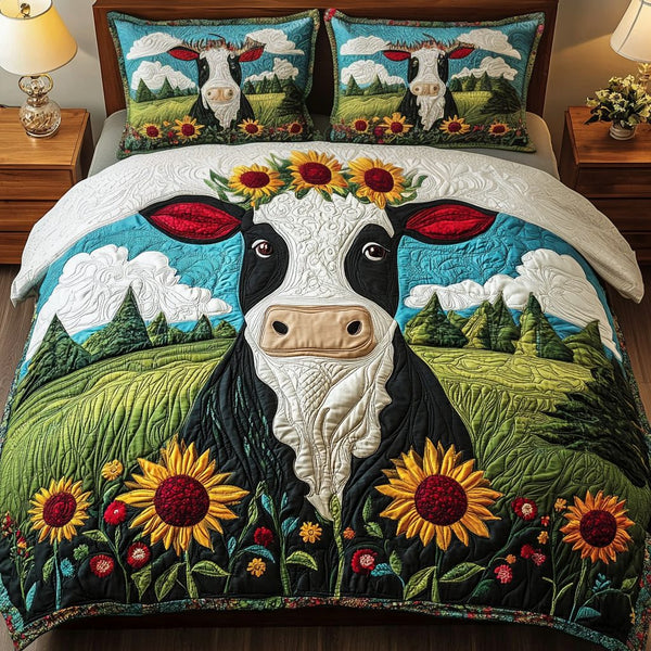 Pastoral Beauty quilted 3-piece bedding set on a made bed with two matching pillow shams