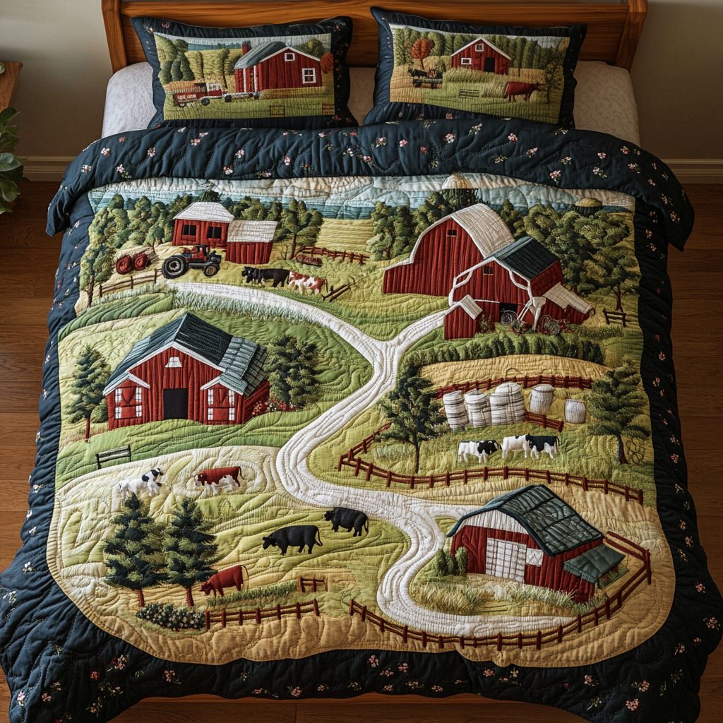 Pastoral Dream quilted 3-piece bedding set on a made bed with two matching pillow shams