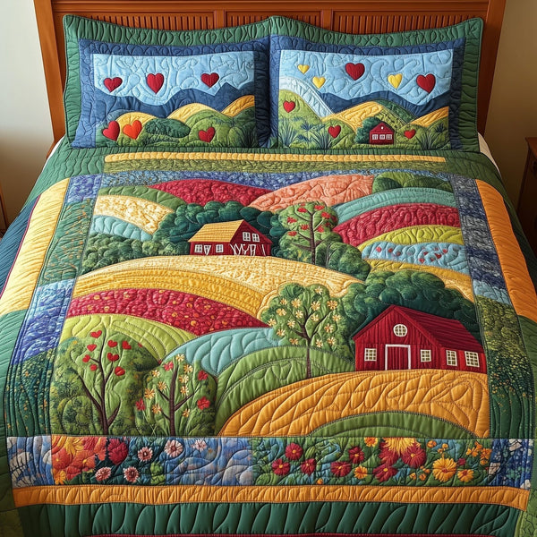 Pastoral Dreams quilted 3-piece bedding set on a made bed with two matching pillow shams