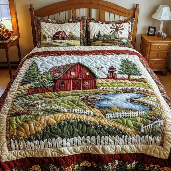Pastoral Dreams quilted 3-piece bedding set on a made bed with two matching pillow shams